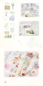 Watercolor PET decorative tapes with furniture and strawberry cake designs for DIY planners