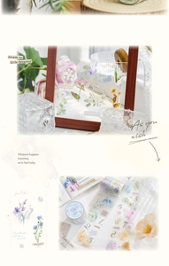 Detail of PET floral decorative tape showing lilac and daisy patterns for scrapbooking DIY
