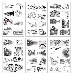 Detail view showing 6 sheets of Chinese ink painting stickers with traditional architecture