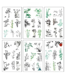 Detailed set of six PET stickers featuring ink bamboo designs and traditional Chinese art
