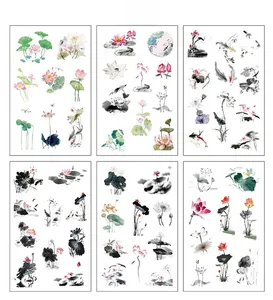 Detailed set of 6 PET stickers featuring traditional ink wash lotus and goldfish motifs