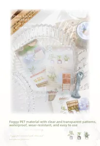Detail showing matte PET tape with die-cut vintage home and plant motifs on glass tray