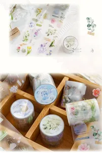 Detail of PET decorative tape with realistic floral patterns and inspirational phrases