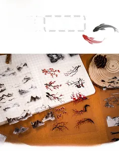 Detailed view of ink painting PET stickers with landscapes and plum blossoms for journaling
