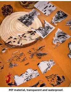 Detail of waterproof ink-style PET stickers featuring traditional Chinese architecture