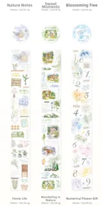 Detailed view of six PET decorative tape styles with watercolor floral and daily life patterns