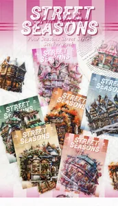Vista macro de pegatinas de acuarela Street Seasons con detalles dorados para scrapbooking