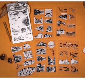 Detail of Jiangnan style PET stickers with ink wash art scenery on a vintage background
