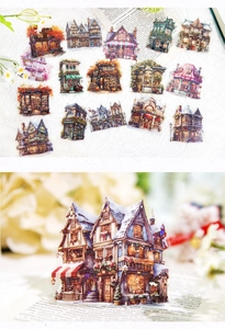 Detalle de pegatinas vintage de edificios europeos con temas cálidos de otoño e invierno