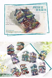 Primer plano de pegatinas de PET de arquitectura vintage en una hoja de libro