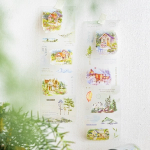 Watercolor PET decorative tapes featuring green forest cabins and mountain landscapes
