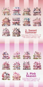 Detalle de pegatinas de PET impermeables con arquitectura de casas europeas para diarios DIY