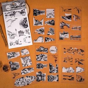 Ink wash style PET stickers featuring Jiangnan landscape scenery and ancient architecture