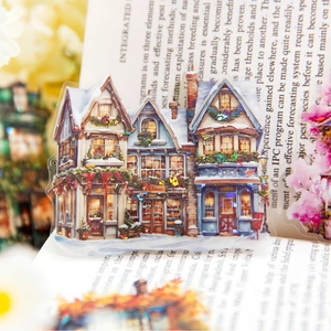 Pegatina holográfica de casa nevada para decoración de diarios con tema de ciudad