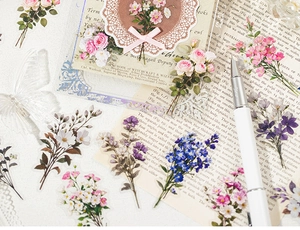 Détails d'autocollants PET fleurs vintage avec reflets nacrés pour DIY scrapbooking