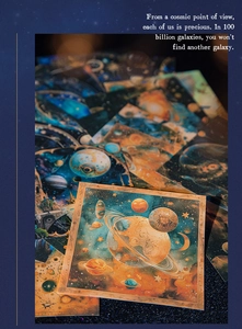 Detailed close-up of celestial galaxy themed craft paper with vintage planet designs