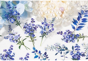 Détail d'autocollants PET floraux bleu et violet avec effet nacré pour scrapbooking DIY