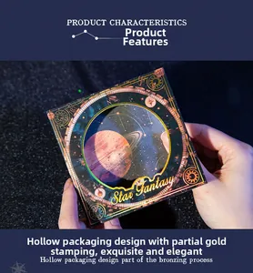Detailed view of Star Fantasy paper box with gold stamping and circular cutout star patterns