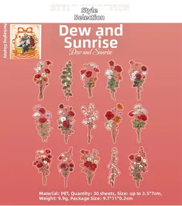 Spécifications détaillées des autocollants fleurs en PET avec dimensions et matière