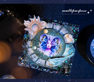 Detailed layered moon phase stickers featuring Aries imagery and celestial holographic glitter
