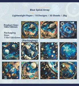 Close-up detail of celestial and star phase patterned scrapbooking paper in blue and gold