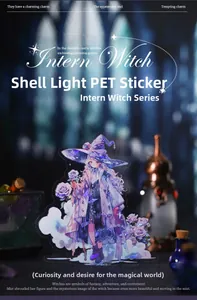 Macro detail of Intern Witch PET stickers showing glossy shell light texture and motifs