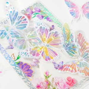 Autocollants papillon en PET avec effet holographique arc-en-ciel et détails perlés