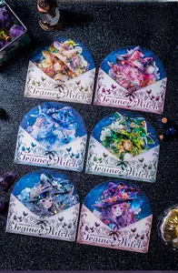 Detail of Trainee Witch PET stickers with holographic shell light and magic scene backdrop
