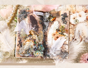Detail van vintage scrapbooking papier met retro engel-, vogel- en veremotieven