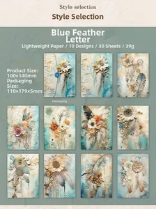 Gedetailleerde weergave van vintage blauw veer en bloem plakboekpapier voor hobby