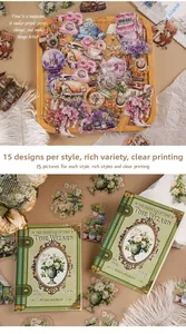 Detail of vintage PET stickers featuring retro carriage and antique clock for journaling