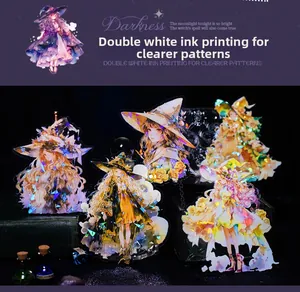 Detailed view of witch-themed PET stickers featuring double white ink printing and shells light effect