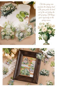 Macro detail of transparent vintage PET stickers featuring retro garden and floral motifs