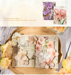 Macro view of vintage floral and butterfly scrapbook paper for botanical diary art