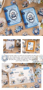 Detail of vintage PET stickers featuring blue clocks and furniture for scrapbooking
