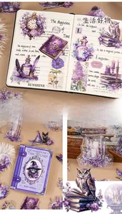 Close-up of retro magic theme PET stickers with owls and clocks on a notebook