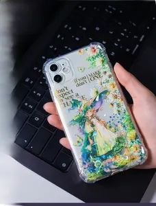 Detail of clear iPhone case with witch girl and daisy print featuring shell light texture