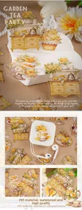 Macro detail of PET vintage garden tea stickers featuring floral cabinets and cakes
