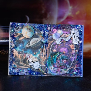 Celestial dream theme decorative scrapbook paper with blue glitter, pearls and star patterns