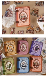 Macro detail of vintage style PET sticker set with floral and antique book designs