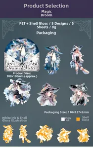 Detail of Trainee Witch PET stickers with shell light finish and white ink craft
