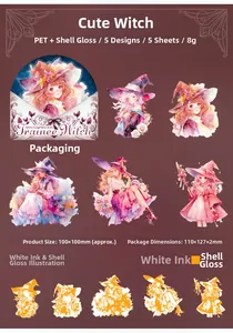 Detailed close-up of shell light PET stickers featuring trainee witch character motifs