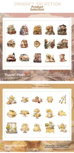 Close-up of vintage PET stickers featuring travel and afternoon tea watercolor designs