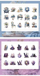Macro detail of PET sticker sets featuring vintage palace and magic themed illustrations