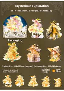 Detail of Trainee Witch PET stickers featuring shell light effect and white ink finish