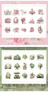 Detail view of vintage PET stickers showing 30 pieces of floral and romantic castle motifs