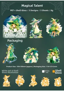 Detail of PET witch stickers with shell light finish and magic talent illustrations