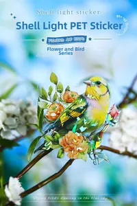 Macro detail of bird and floral PET stickers with shell light holographic finish