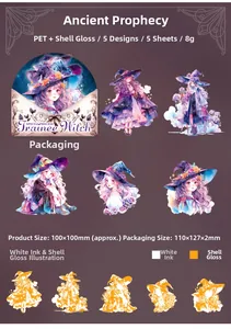 Detail showing PET witch stickers with iridescent shell light finish and white ink