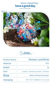 Detail view of PET floral bird stickers with product specifications and bright visual style